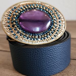 Chico's  Navy Blue Leather belt Blue Oval beaded Buckle size M.